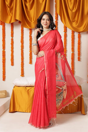 Red Printed Cotton Blend Saree (SZ-KLD-STRI-RD-3292)