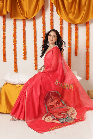 Red Printed Cotton Blend Saree (SZ-KLD-STRI-RD-3292)