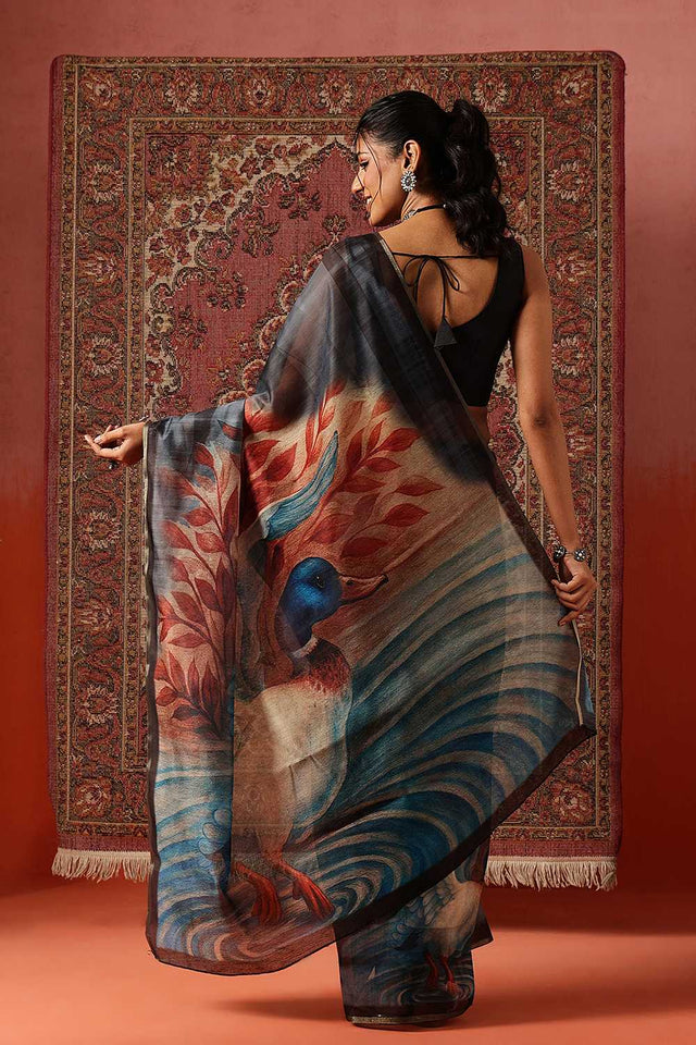 Turquoise Floral Printed Cotton Blend Saree