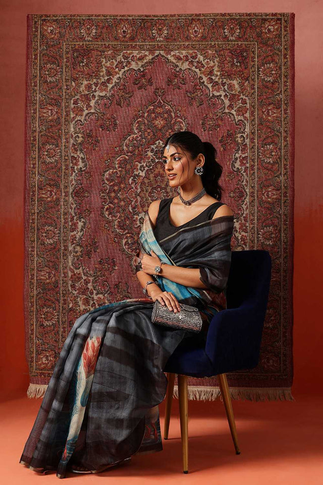 Turquoise Floral Printed Cotton Blend Saree