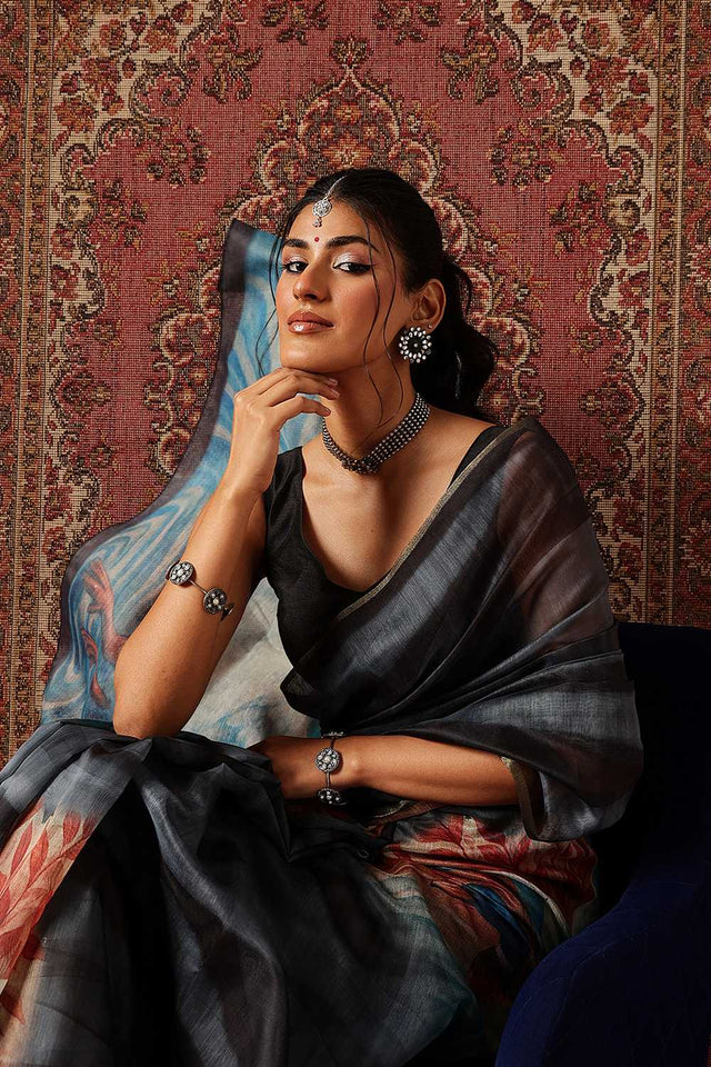 Turquoise Floral Printed Cotton Blend Saree