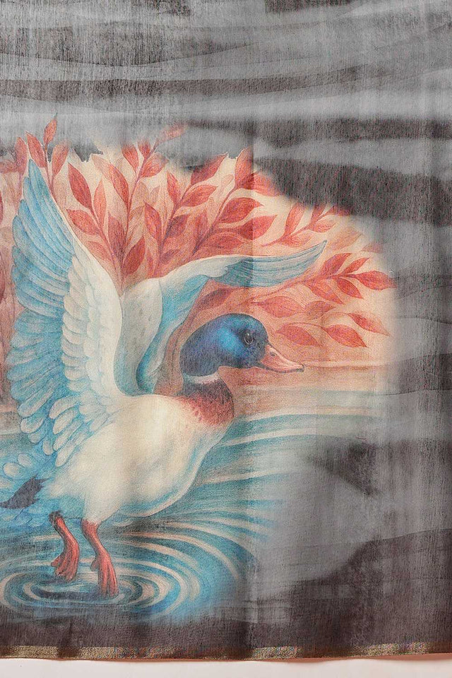 Turquoise Floral Printed Cotton Blend Saree