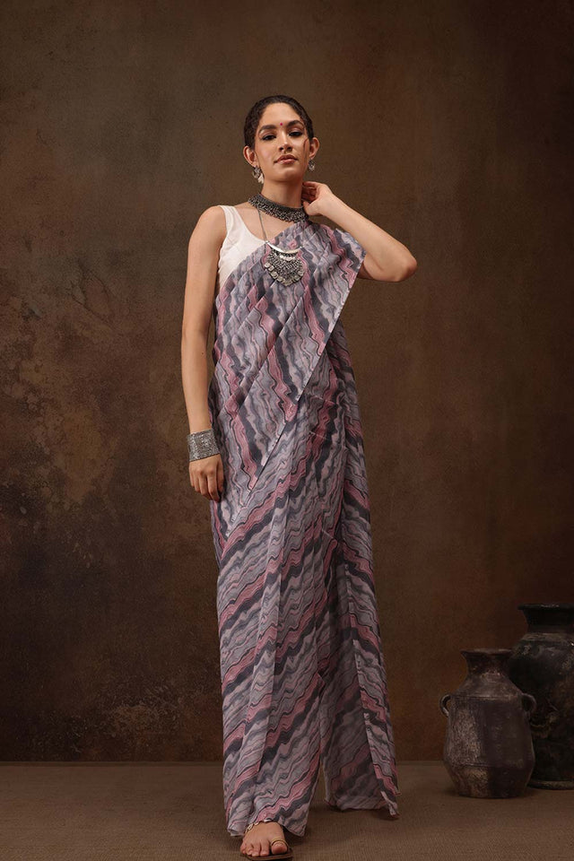 Grey Colored Soft Silk Abstract Printed Saree