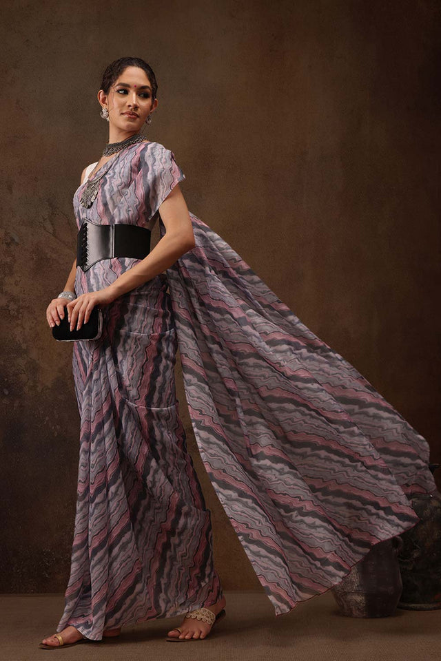 Grey Colored Soft Silk Abstract Printed Saree