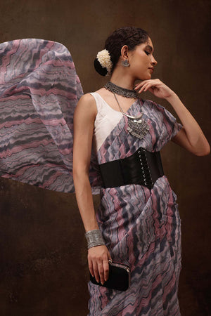 Grey Colored Soft Silk Abstract Printed Saree