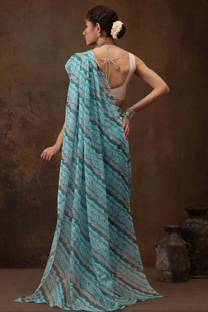 Teal Colored Soft Silk Abstract Printed Saree