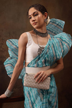 Teal Colored Soft Silk Abstract Printed Saree