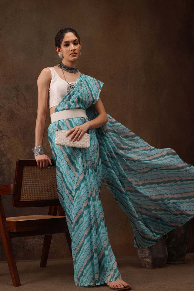 Teal Colored Soft Silk Abstract Printed Saree