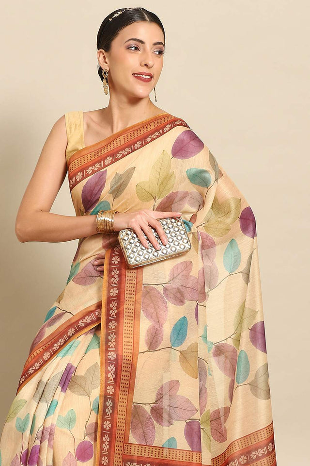 Mustard Floral Printed Cotton Blend Saree