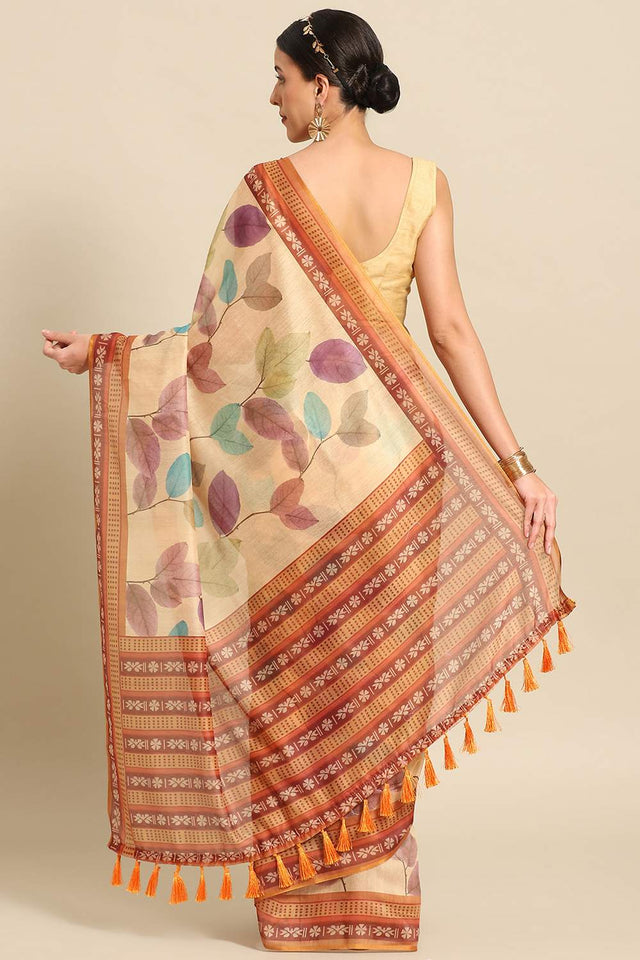 Mustard Floral Printed Cotton Blend Saree