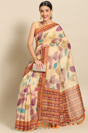 Mustard Floral Printed Cotton Blend Saree