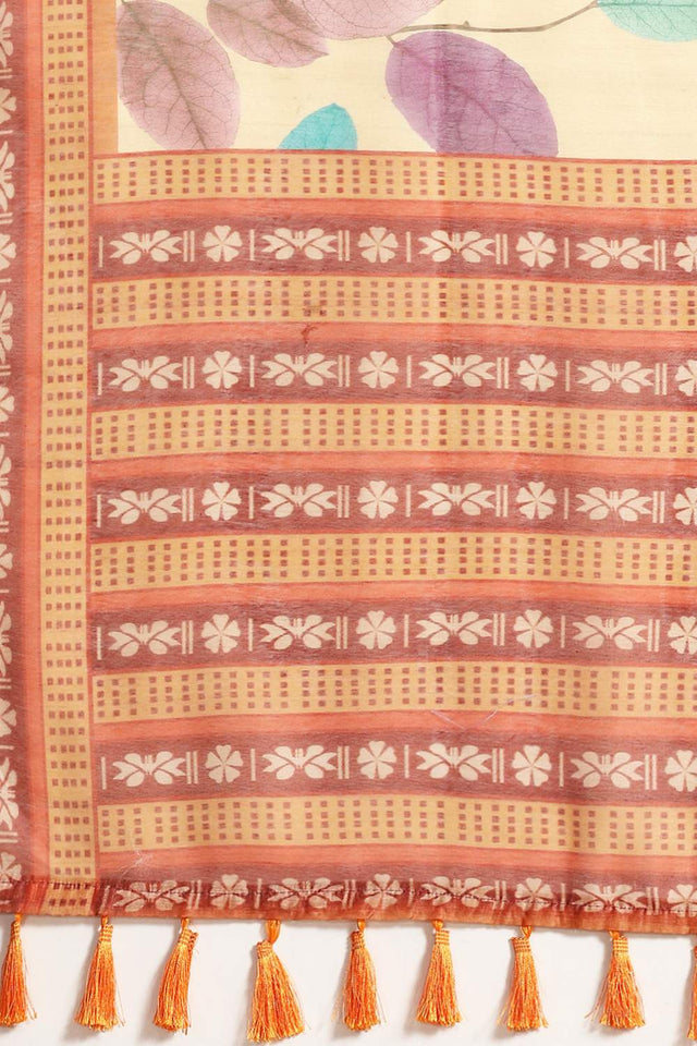 Mustard Floral Printed Cotton Blend Saree