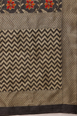 Black Cotton Woven Thread Floral Saree