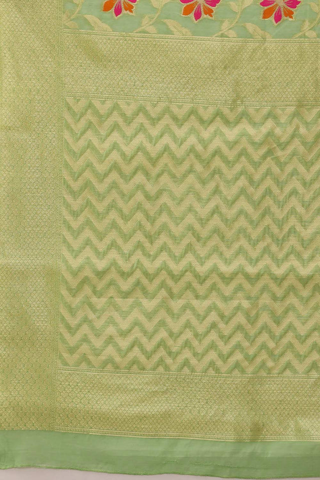 Parrot Green Cotton Woven Thread Floral Saree