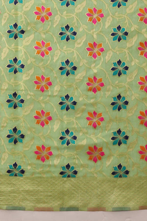 Parrot Green Cotton Woven Thread Floral Saree