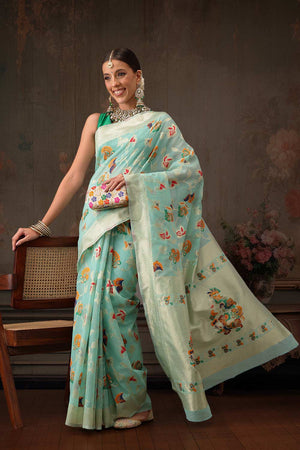 Teal Cotton Woven Thread Floral Saree