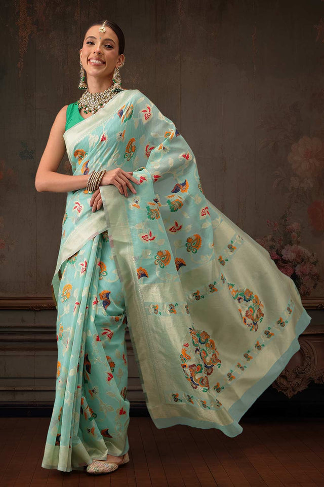 Teal Cotton Woven Thread Floral Saree