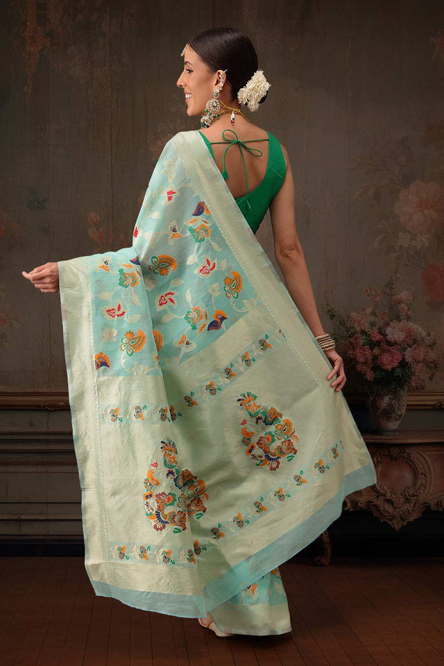 Teal Cotton Woven Thread Floral Saree