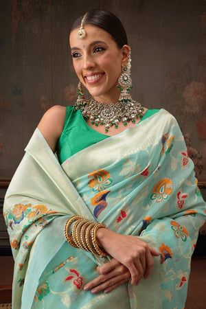 Teal Cotton Woven Thread Floral Saree