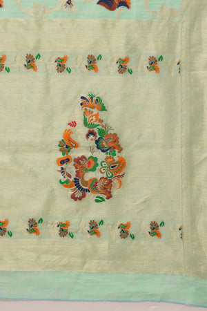 Teal Cotton Woven Thread Floral Saree