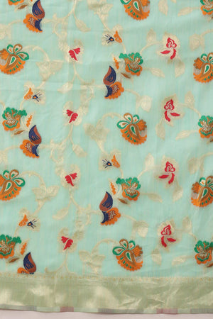 Teal Cotton Woven Thread Floral Saree