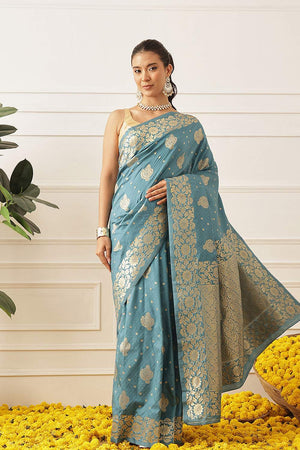 Blue Floral Woven Soft Silk Saree (SZ-NOOR-2-BU-3082)