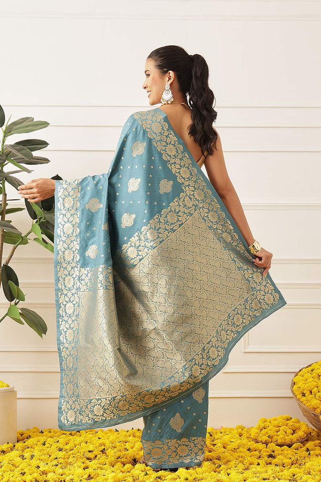 Blue Floral Woven Soft Silk Saree (SZ-NOOR-2-BU-3082)