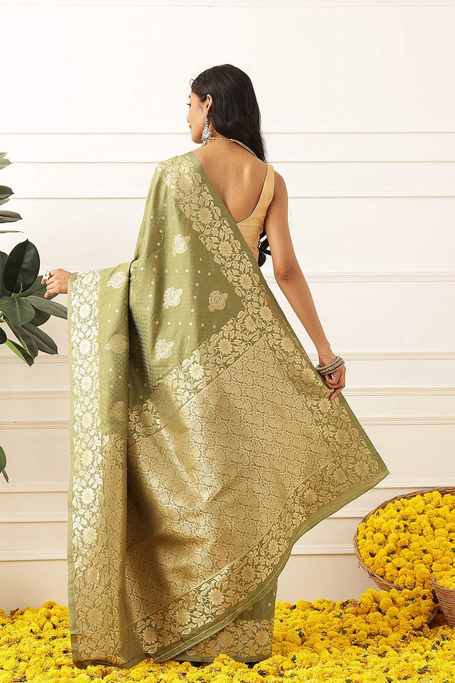 Olive Green Floral Woven Soft Silk Saree (SZ-NOOR-2-OL-3083)