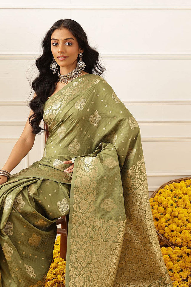 Olive Green Floral Woven Soft Silk Saree (SZ-NOOR-2-OL-3083)