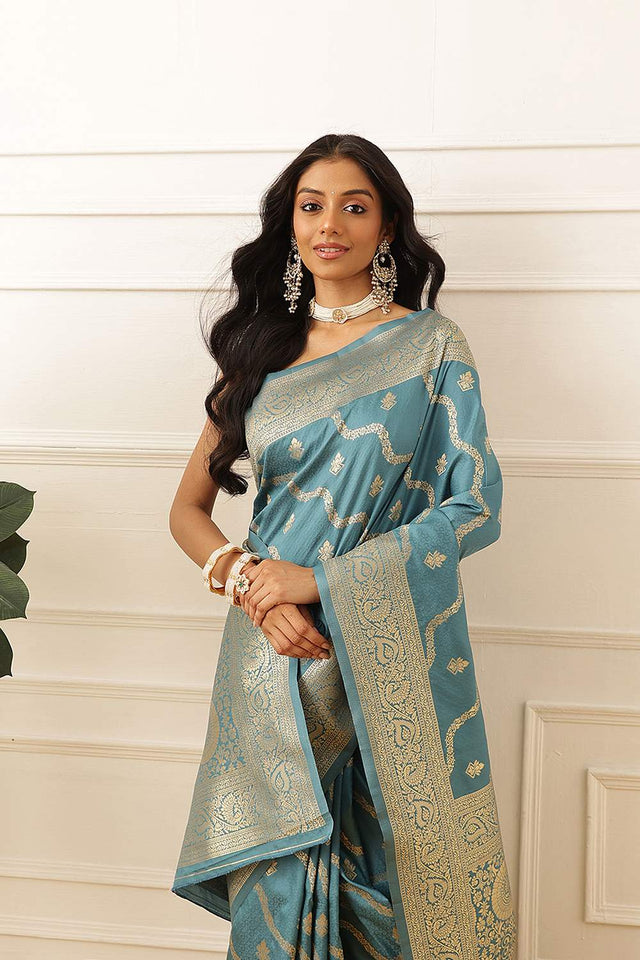 Blue Floral Woven Soft Silk Saree (SZ-NOOR-3-BU-3086)