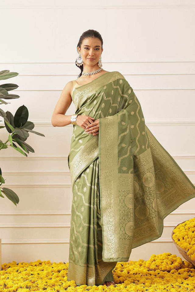 Olive Green Floral Woven Soft Silk Saree (SZ-NOOR-3-OL-3087)