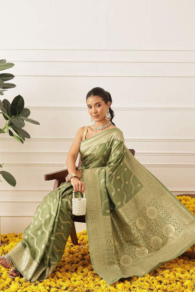 Olive Green Floral Woven Soft Silk Saree (SZ-NOOR-3-OL-3087)