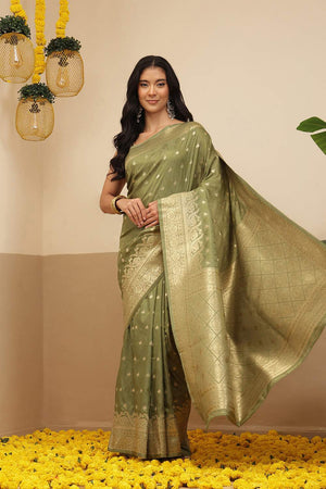 Olive Green Floral Woven Soft Silk Saree (SZ-NOOR-4-OL-3091)