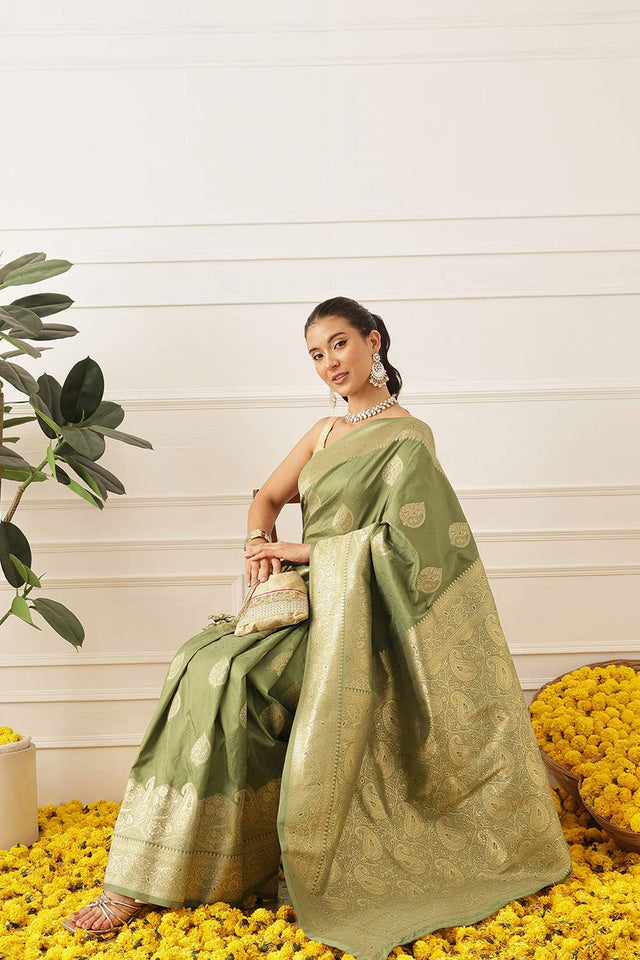 Olive Green Woven Soft Silk Saree (SZ-NOOR-5-OL-3095)