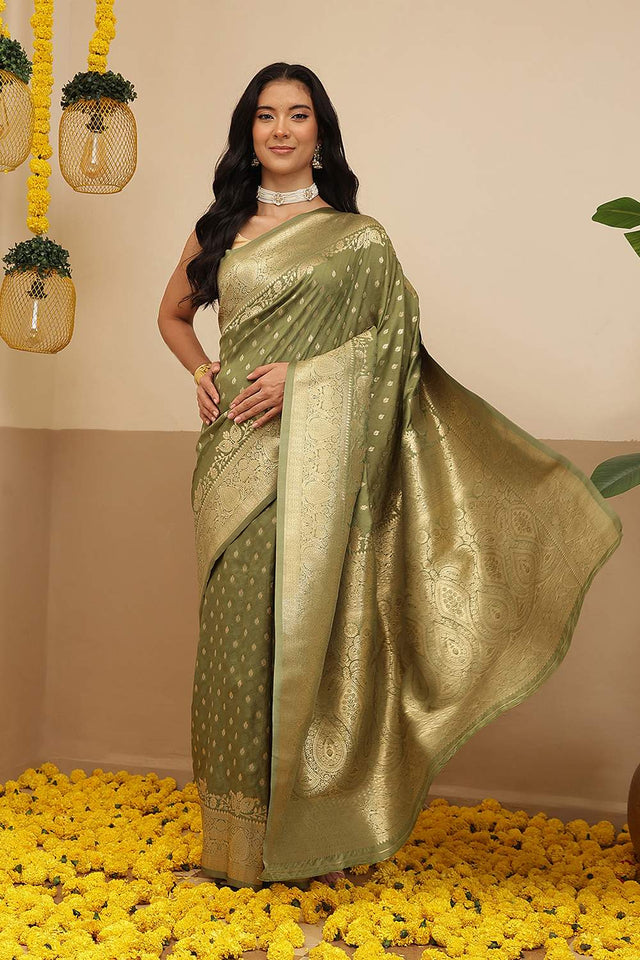Olive Green Floral Woven Soft Silk Saree (SZ-NOOR-6-OL-3099)