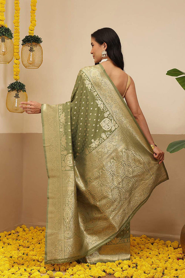 Olive Green Floral Woven Soft Silk Saree (SZ-NOOR-6-OL-3099)