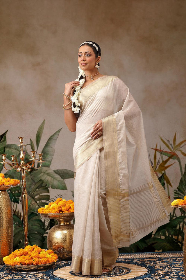 Beige Woven Cotton Blend Saree (SZ-ONAM30-3038)