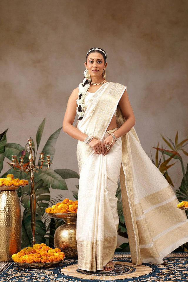 Off White Woven Silk Saree (SZ-ONAM33-3041)