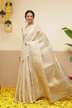 Beige Solid Zari Woven Tissue Saree (SZ-ONAM38-3125)