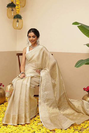 Beige Solid Zari Woven Tissue Saree (SZ-ONAM38-3125)
