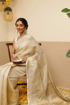 Beige Solid Zari Woven Tissue Saree (SZ-ONAM38-3125)