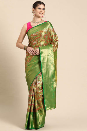 Green Floral Printed Silk Saree