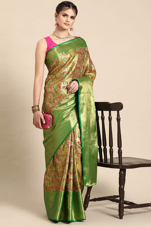 Green Floral Printed Silk Saree