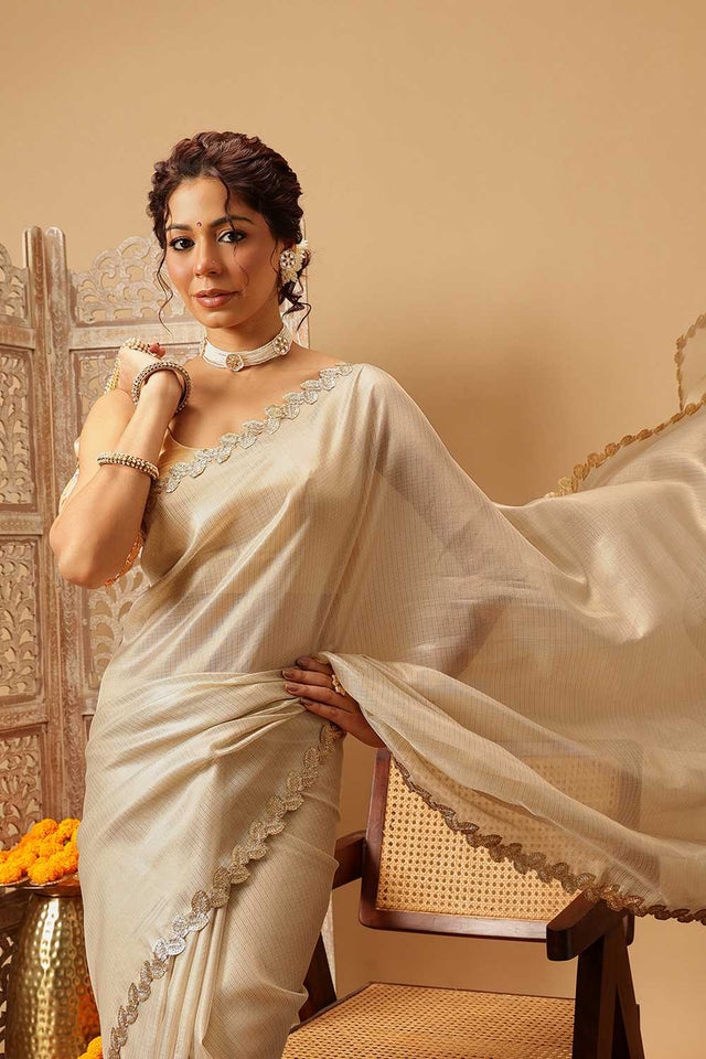 Beige Solid Muga Silk Saree