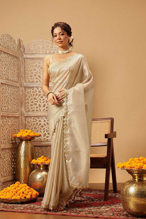 Beige Solid Muga Silk Saree