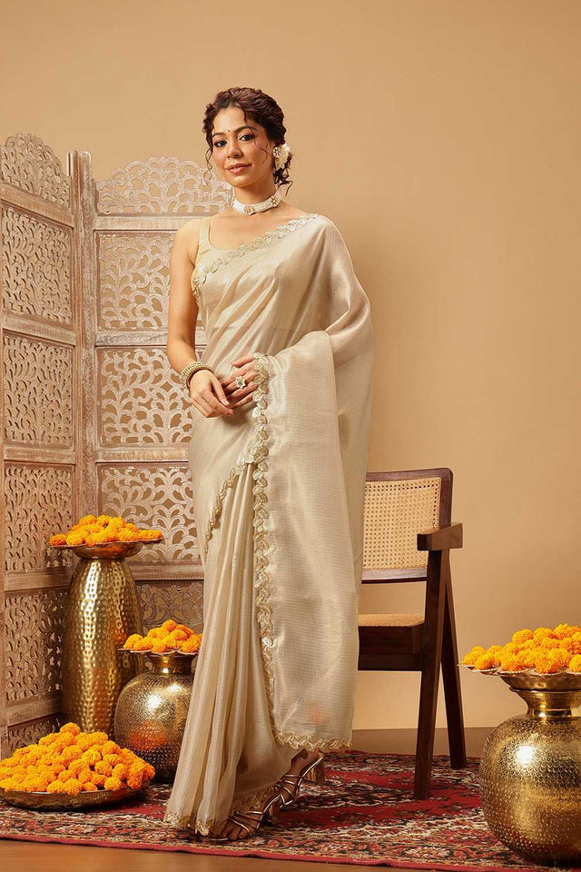 Beige Solid Muga Silk Saree