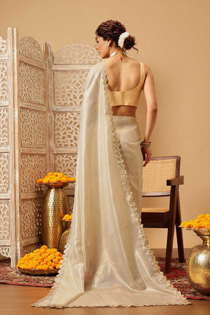 Beige Solid Muga Silk Saree
