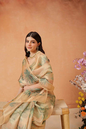 Beige  Floral Printed Tissue  Saree