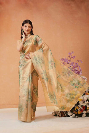 Beige  Floral Printed Tissue  Saree