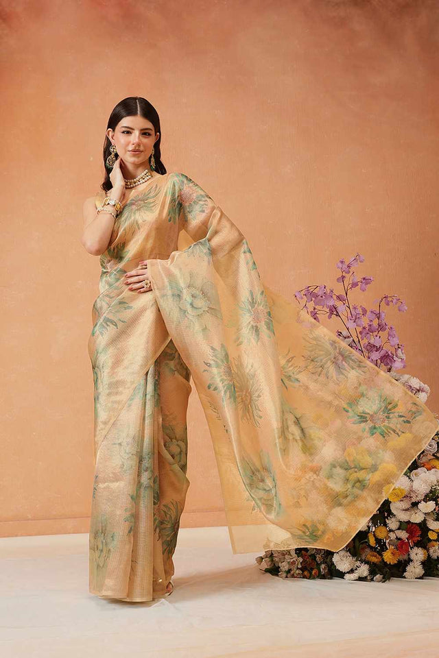 Beige  Floral Printed Tissue  Saree